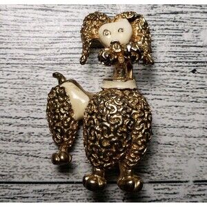 Vintage French Poodle Dog Gold Tone Cream Enamel Brooch Lapel Pin 2" Unmarked